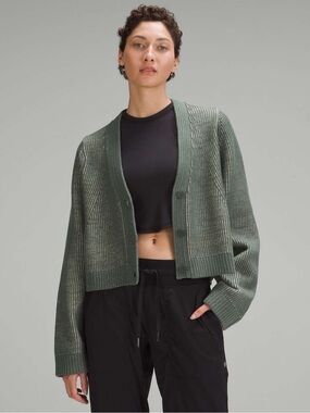 Lululemon Cotton-Blend Oversized Forest Green Crewneck Cardigan Sweater